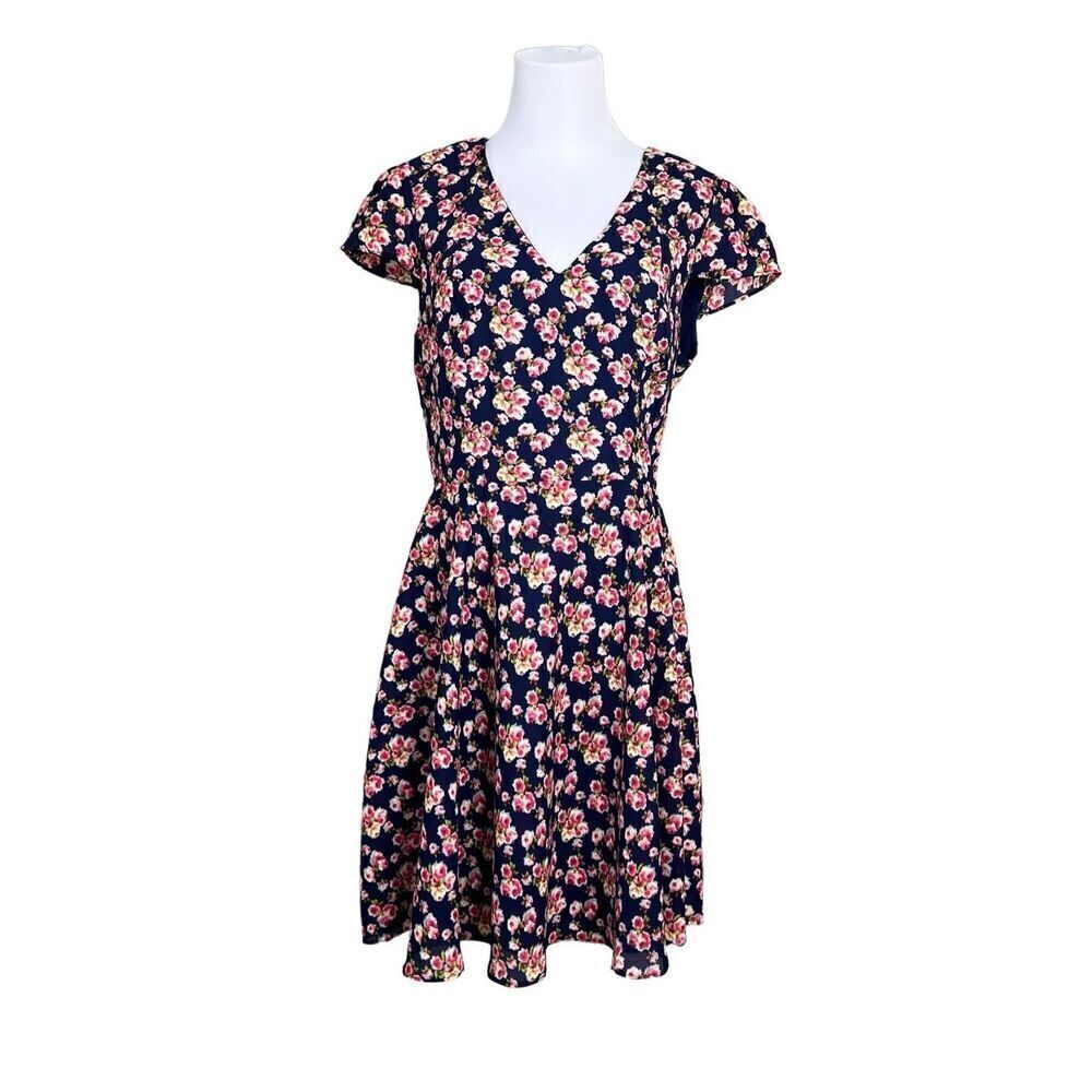 Betsey Johnson Navy Floral‎ Cap Sleeve Swing Dress Modern Feminine sz 12